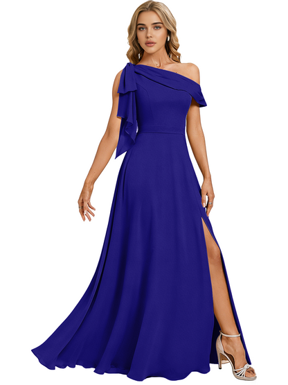 Asymmetric Off Shoulder Bridesmaid Dress with Draped Sleeve and Slit