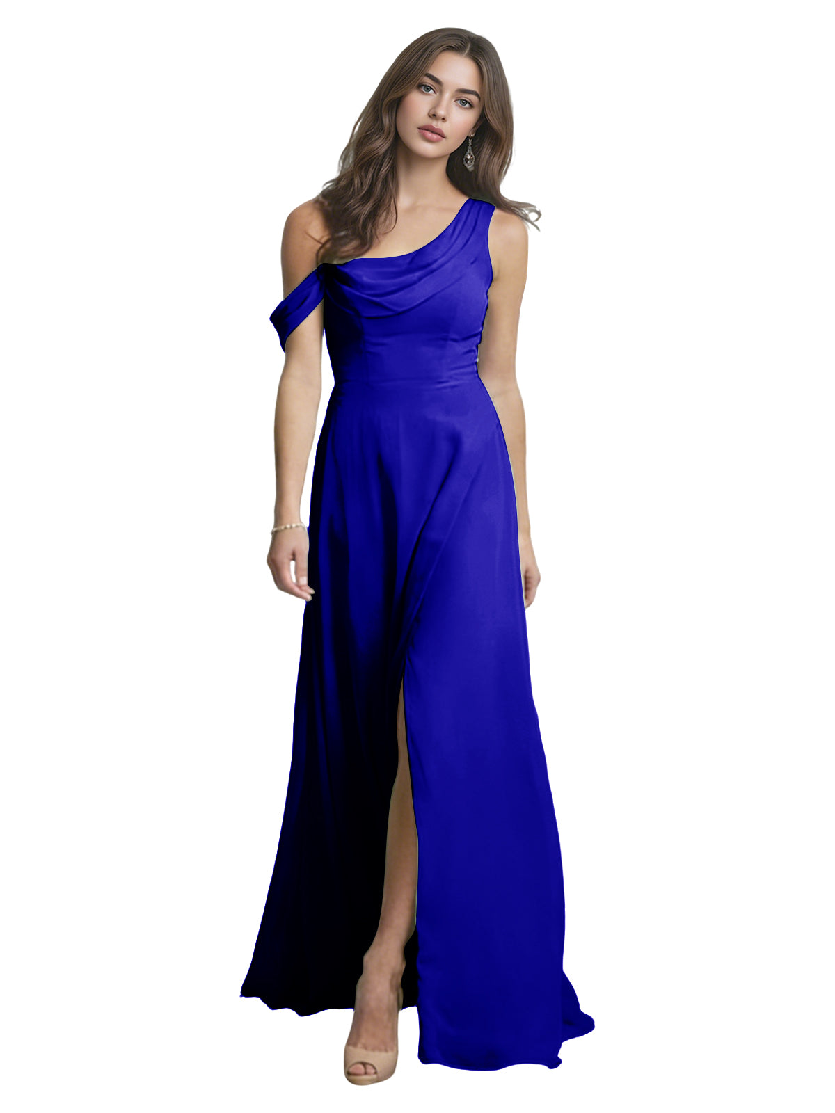 One Shoulder Satin Bridesmaid Dress with Draped Neckline and Slit