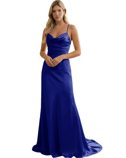 Spaghetti Straps Ruched Satin Floor Length Bridesmaid Dress