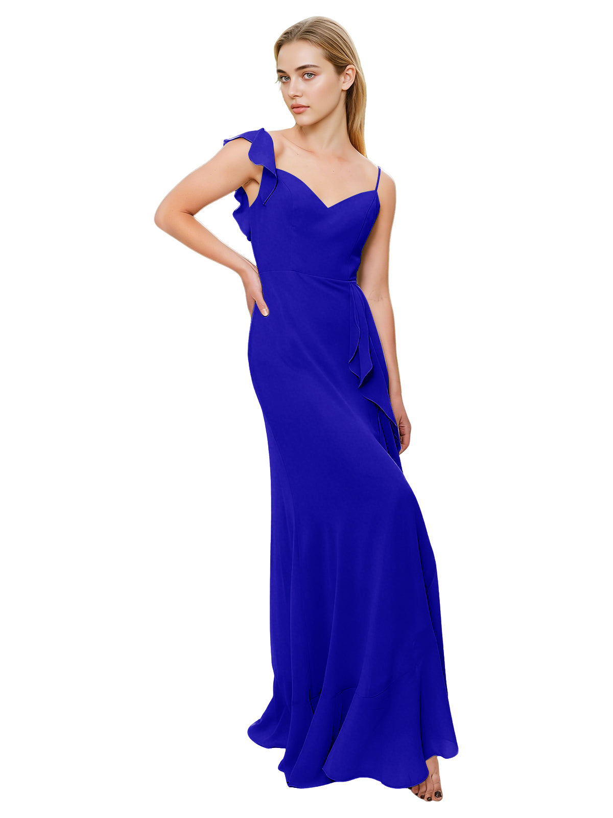 V-Neck Ruffle Strap Bridesmaid Dress with Cascading Chiffon Dress