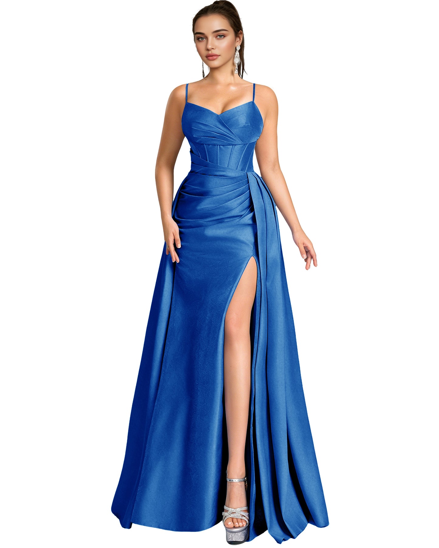 One Shoulder Satin A-Line Prom Dress with Wrap Bodice and Side Slit
