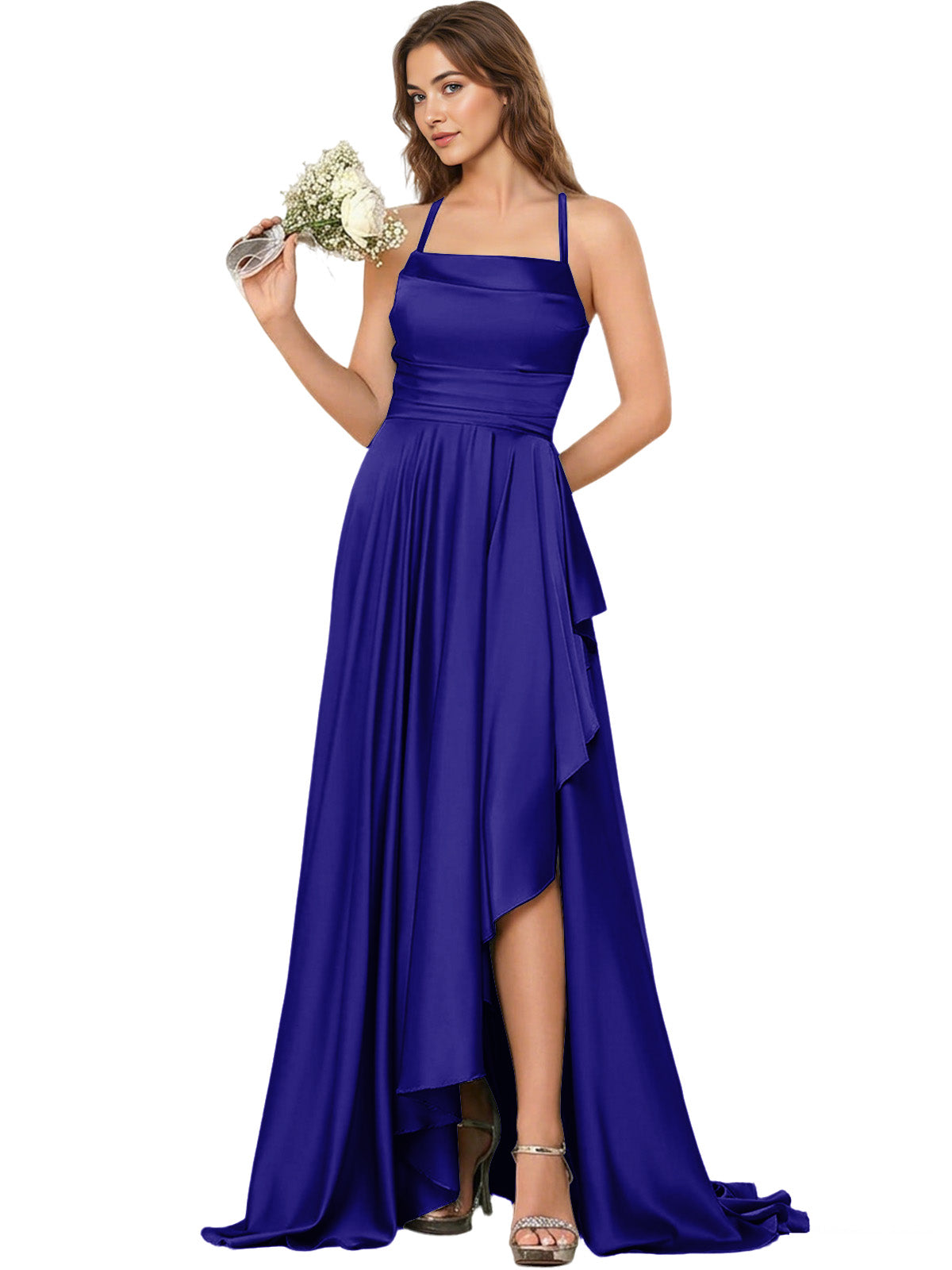 Open Back Halter Bridesmaid Dress with High Low Overlay dress