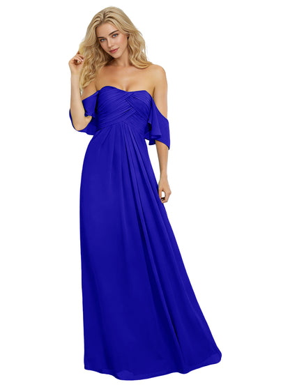 Off Shoulder Chiffon Bridesmaid Dress with Bow Sleeve Detail