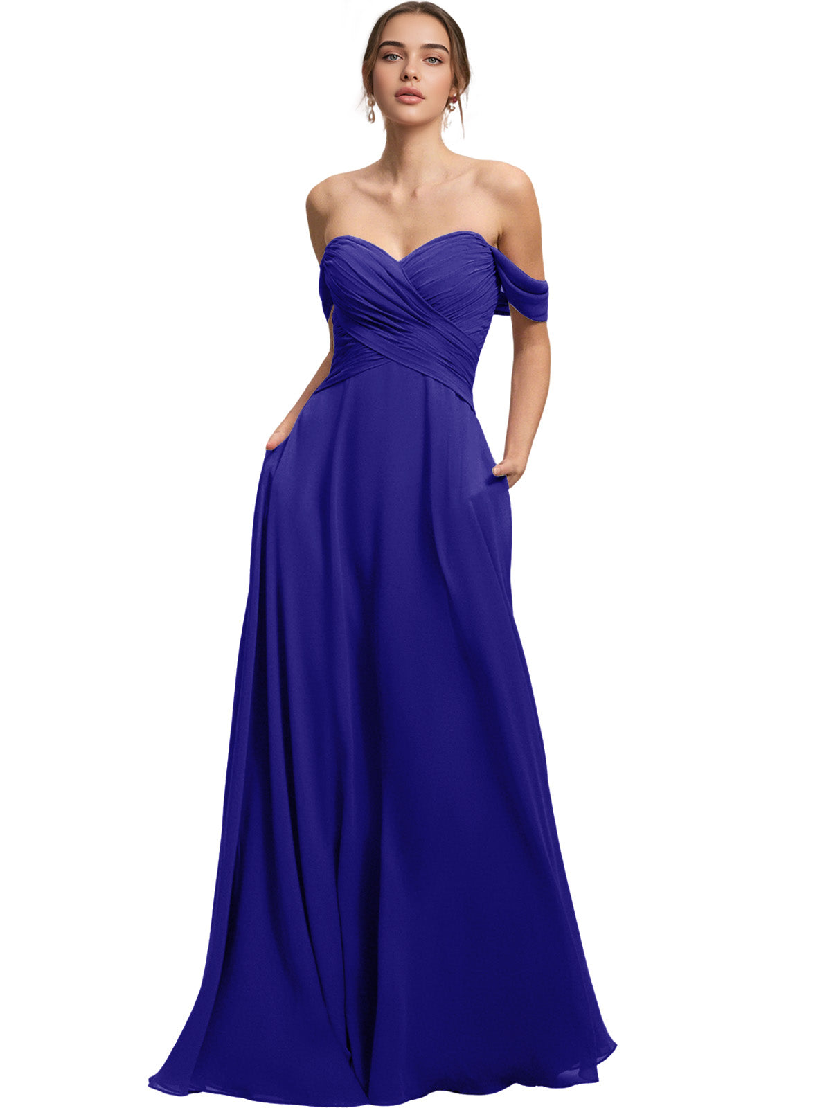 Off Shoulder Chiffon Bridesmaid Dress with Draped Bodice and A-Line Dress
