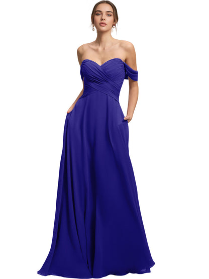 Off Shoulder Chiffon Bridesmaid Dress with Draped Bodice and A-Line Dress