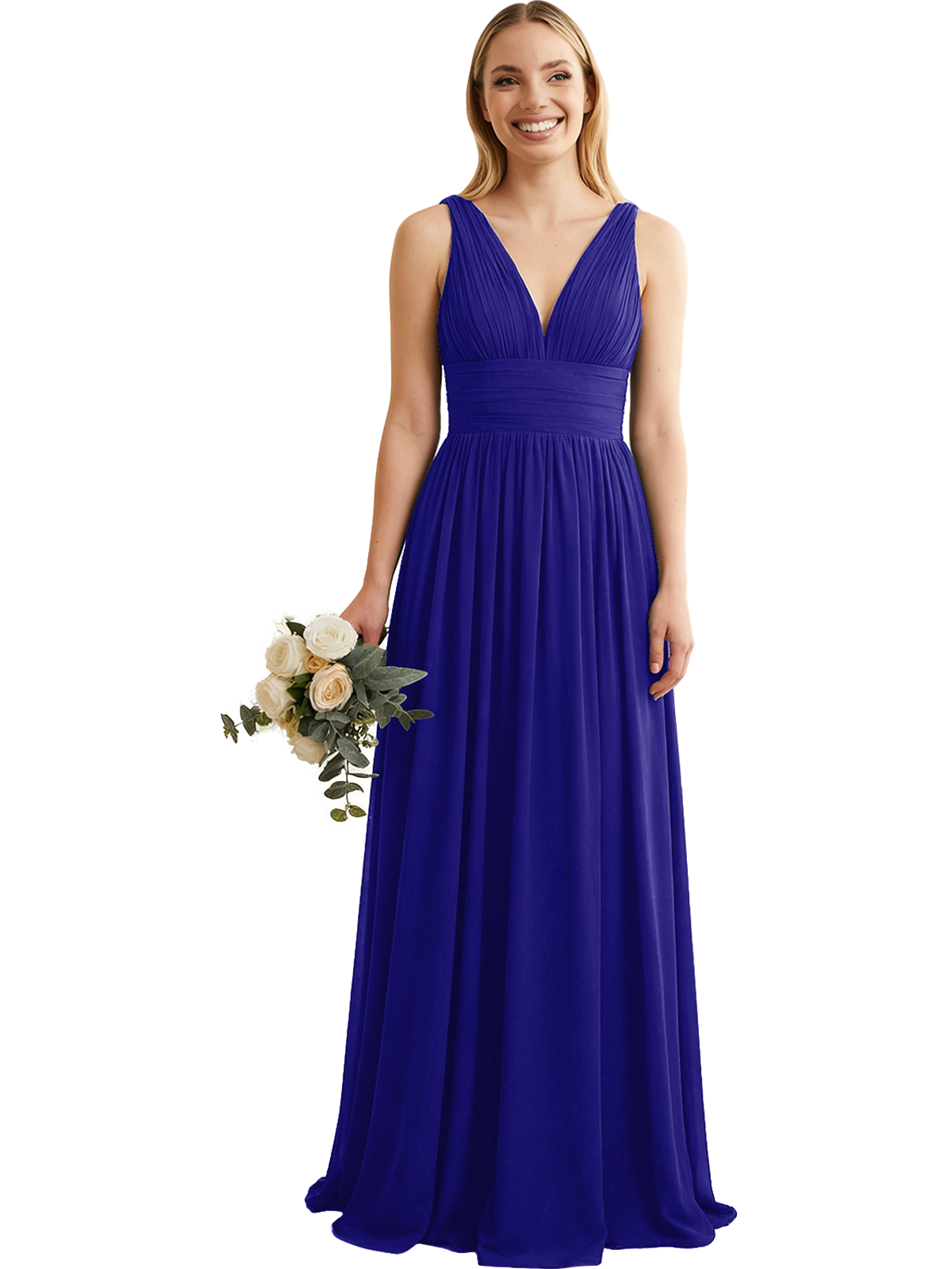 Deep V-Neck Chiffon Bridesmaid Dress with Pleated Waist