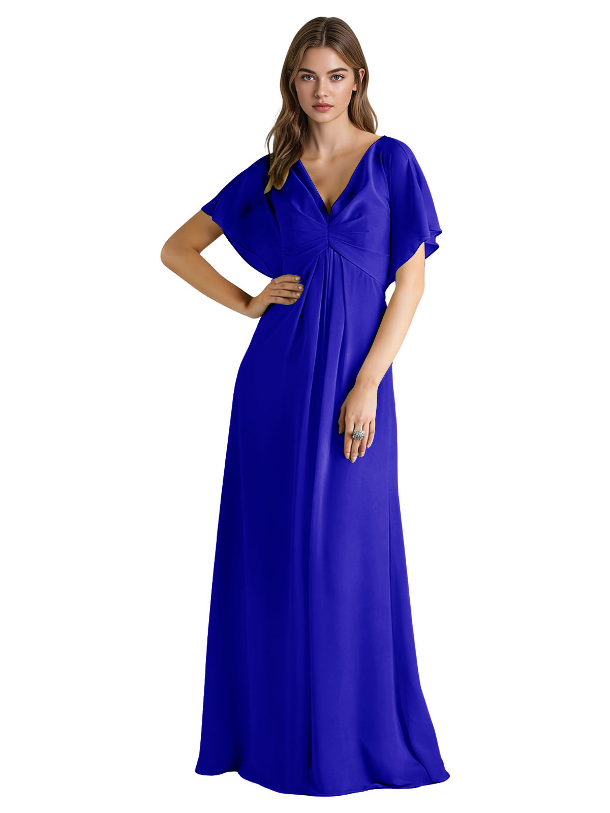 Short Sleeve V-Neck Chiffon Bridesmaid Dress with Gathered Waist