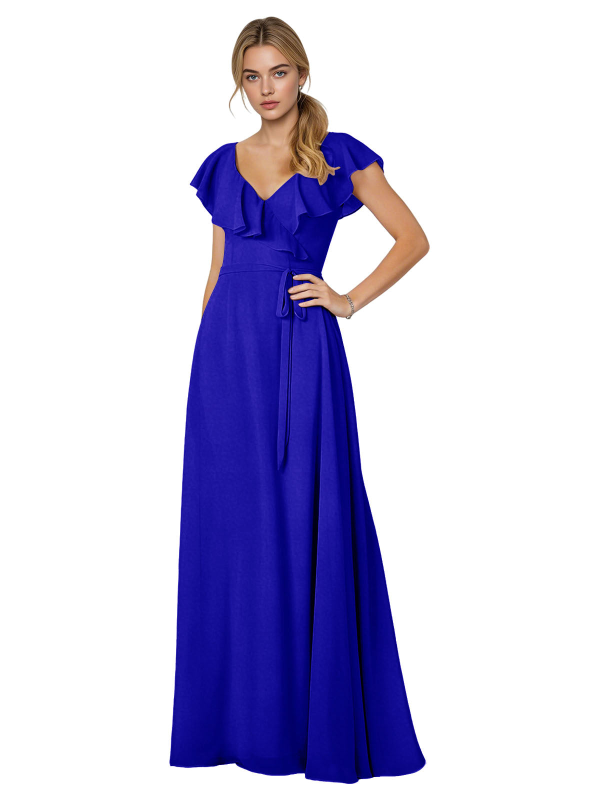 Tie Neck Chiffon Bridesmaid Dress with Flutter Sleeves