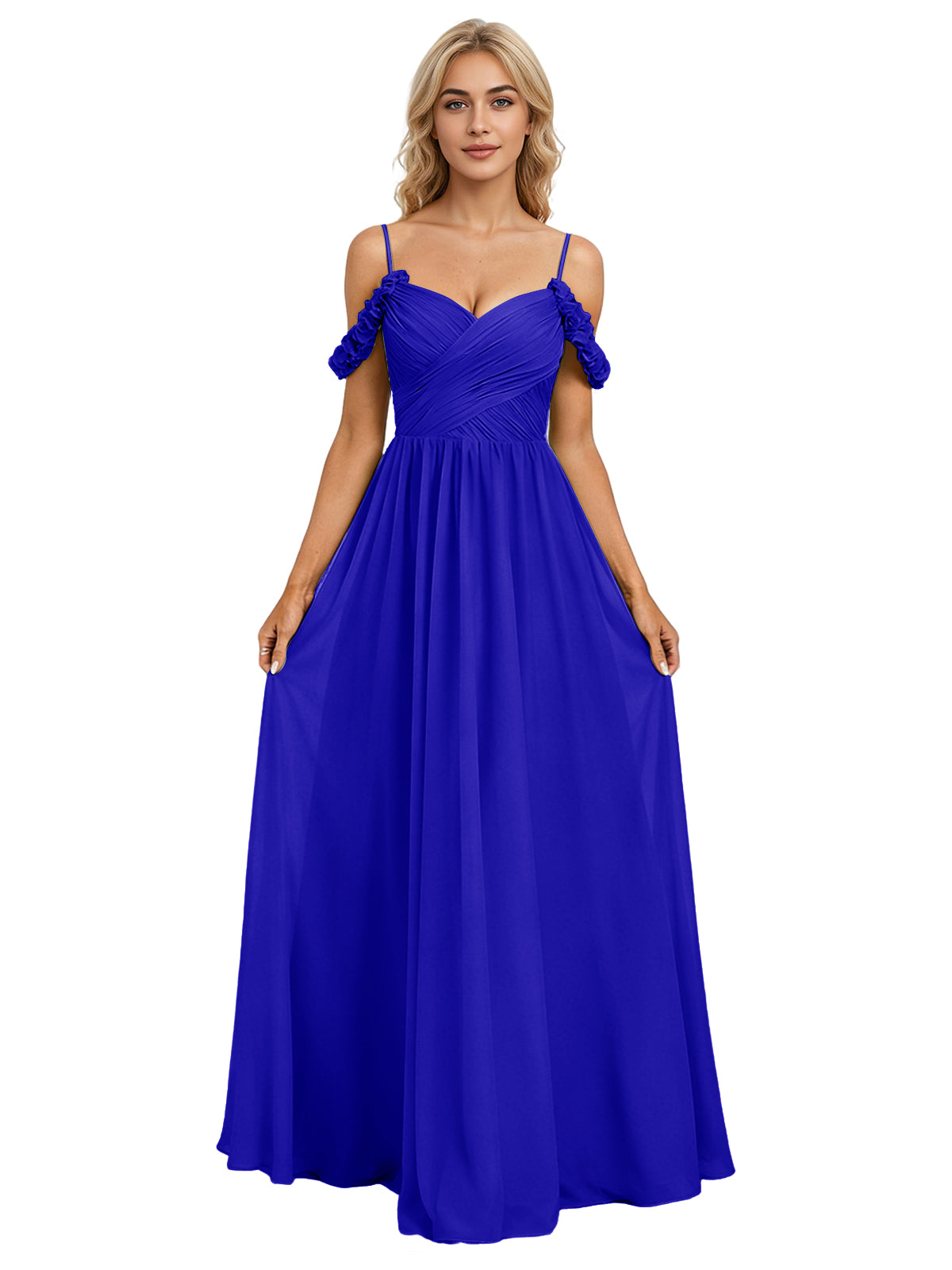 Off Shoulder Lace Applique Bridesmaid Dress with Flowing Chiffon dress