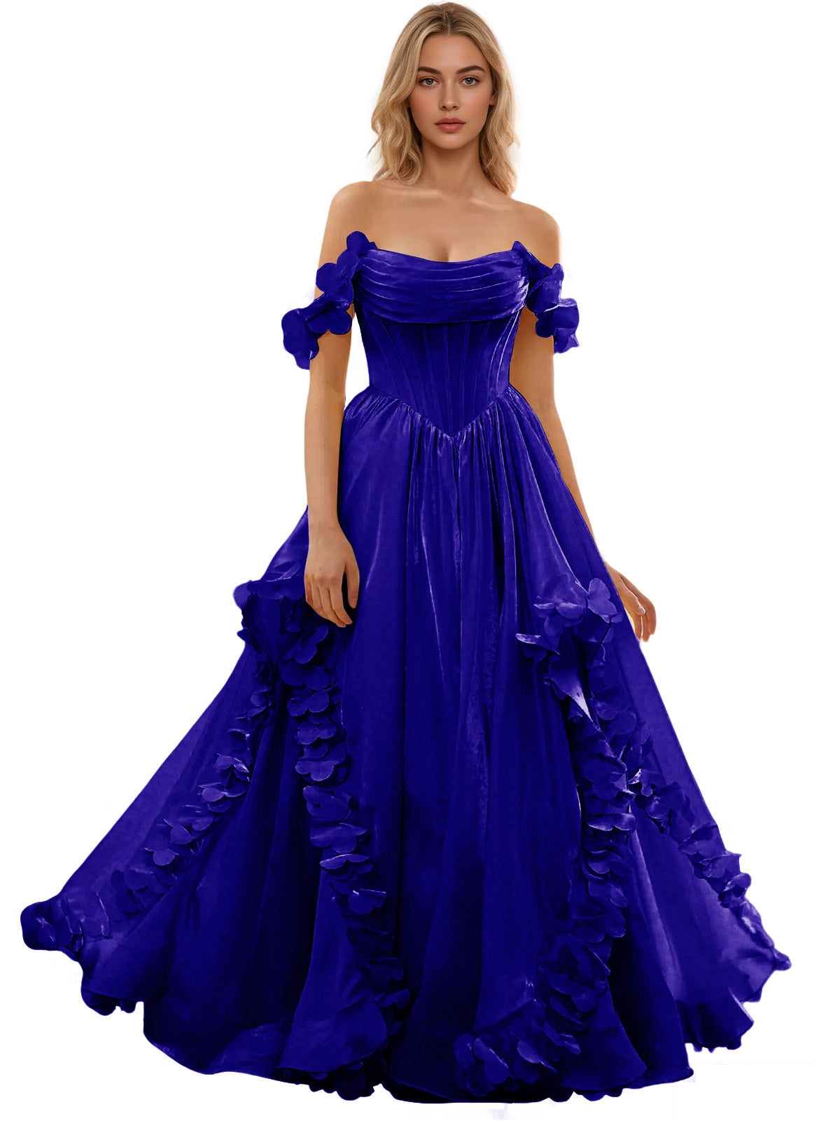 Off Shoulder Ruffle Tulle Ball Gown Prom Dress with Floral Applique