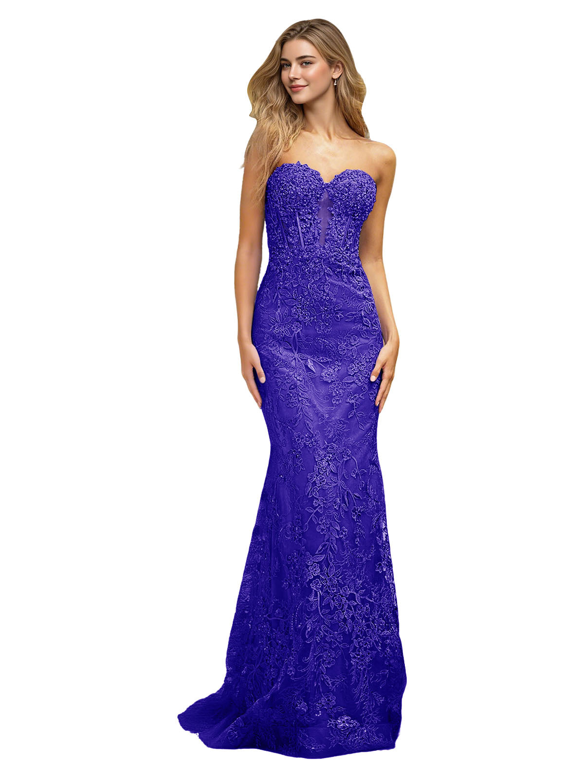 Strapless Floral Lace Mermaid Prom Dress with Sparkle Applique and Train