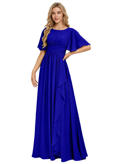 Flutter Sleeve Chiffon Bridesmaid Dress with Tiered Front Ruffle