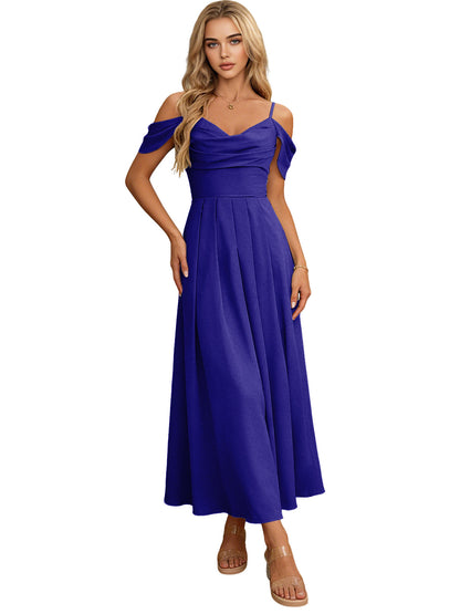 Off Shoulder Midi Bridesmaid Dress with Pleated Bodice and Flowing dress