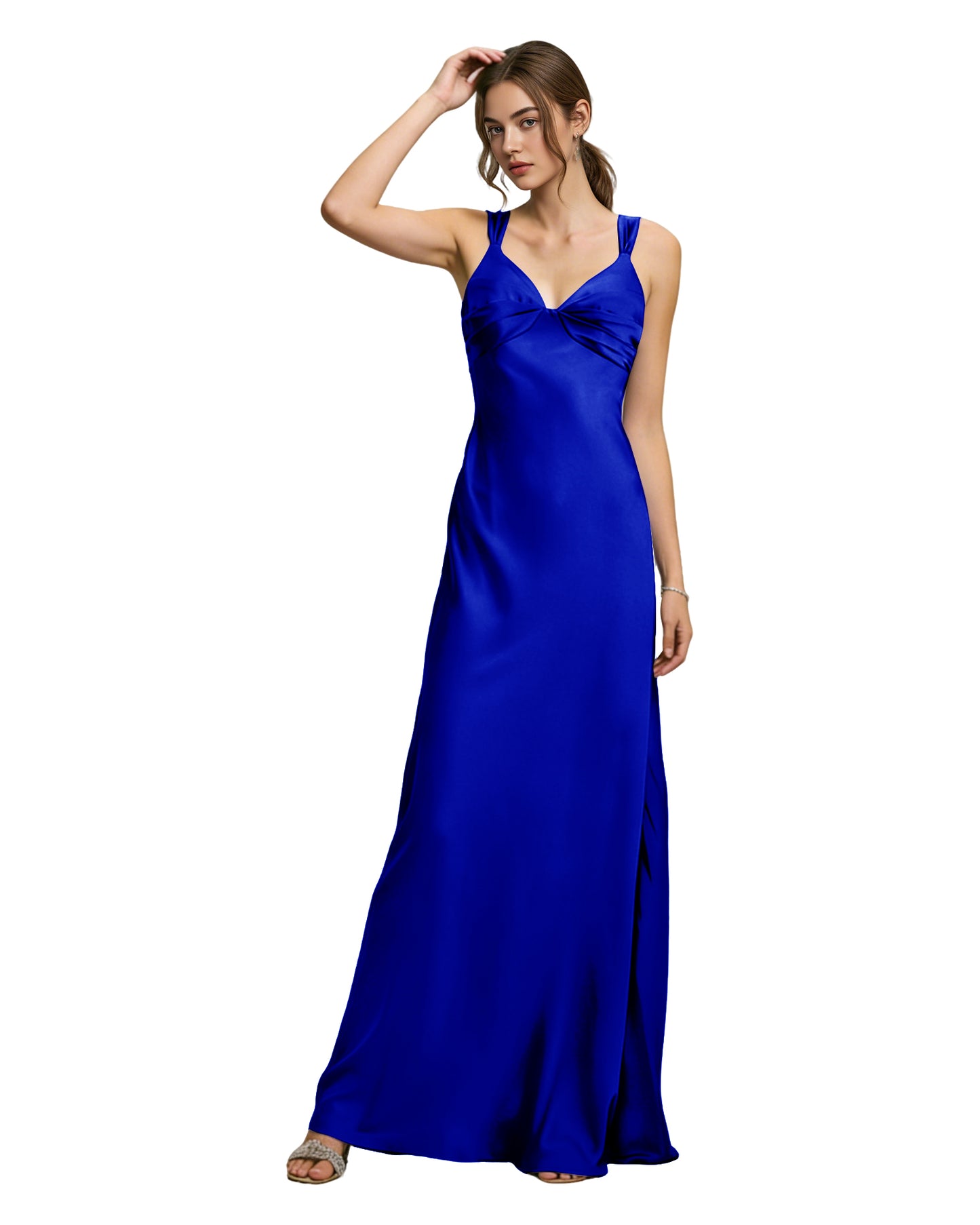 Satin Cowl Neck Bridesmaid Dress with Spaghetti Straps and Bias Cut