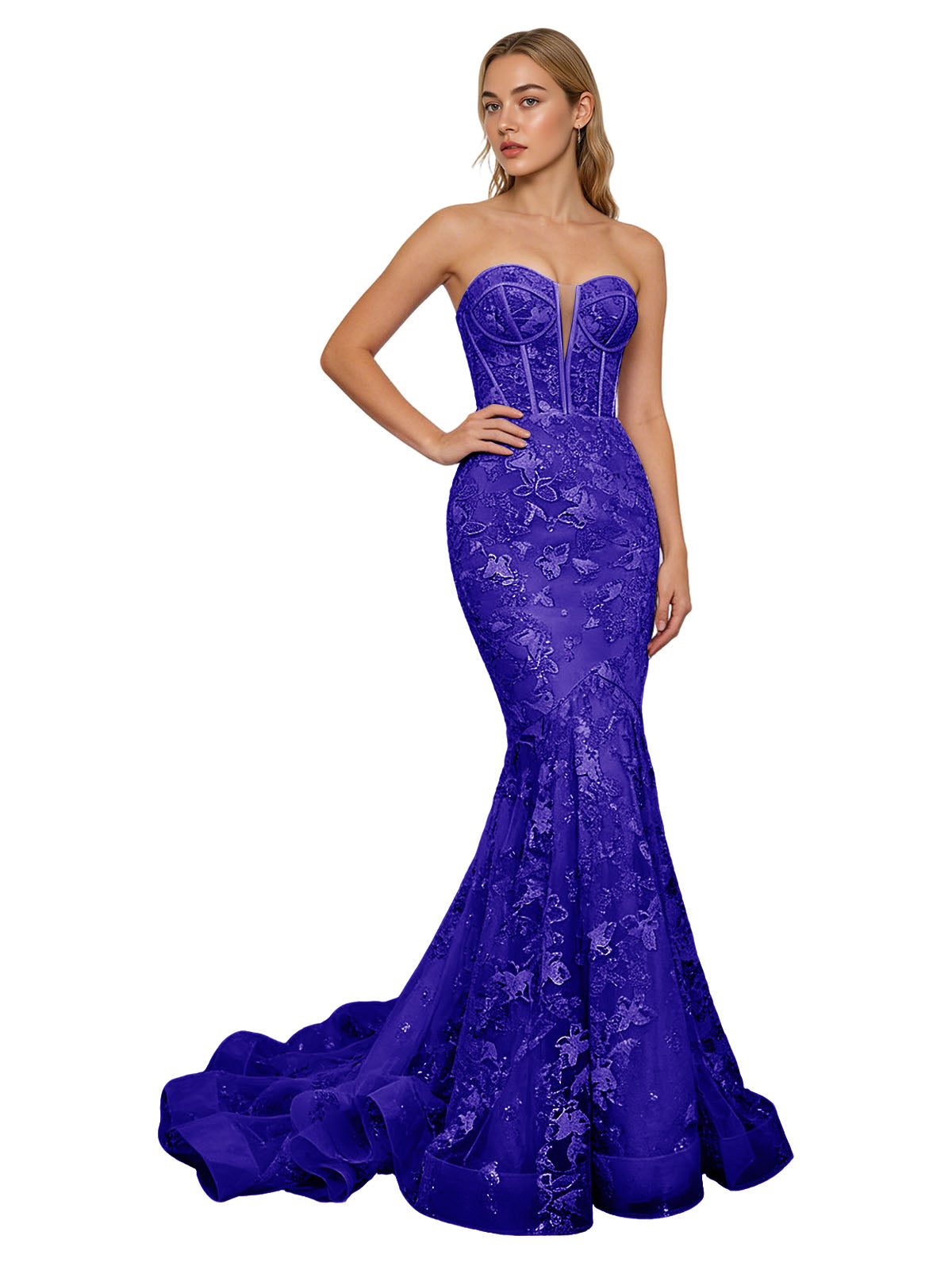 Strapless Lavender Lace Mermaid Prom Dress with Sheer Corset and Train