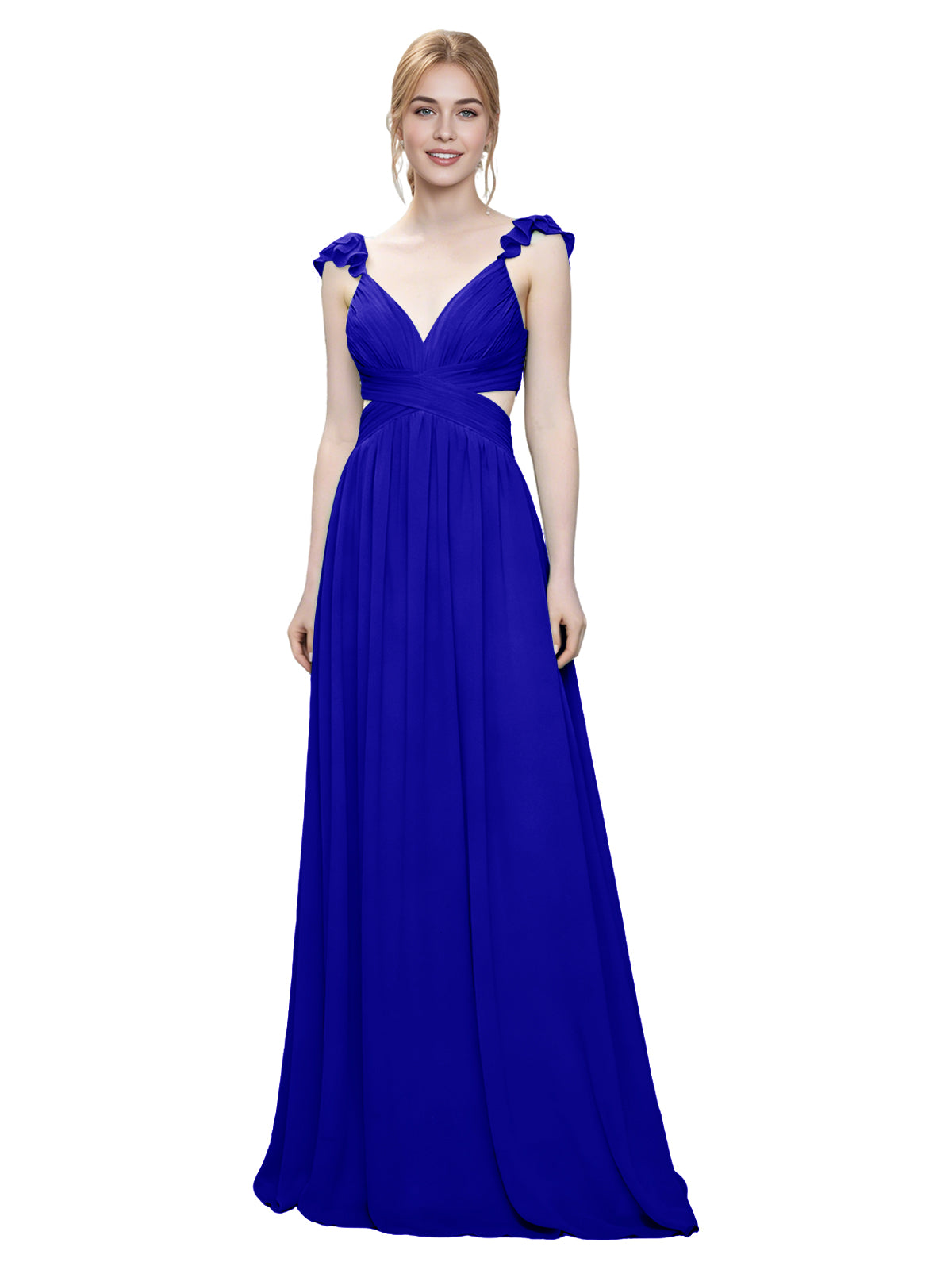 Ruffle Strap V-Neck Tulle Bridesmaid Dress with Pleated Waist