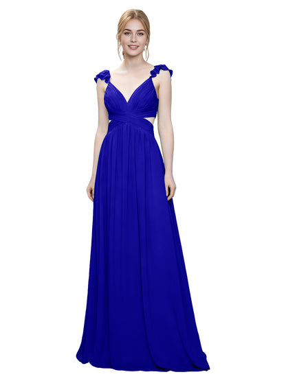 Ruffle Strap V-Neck Tulle Bridesmaid Dress with Pleated Waist
