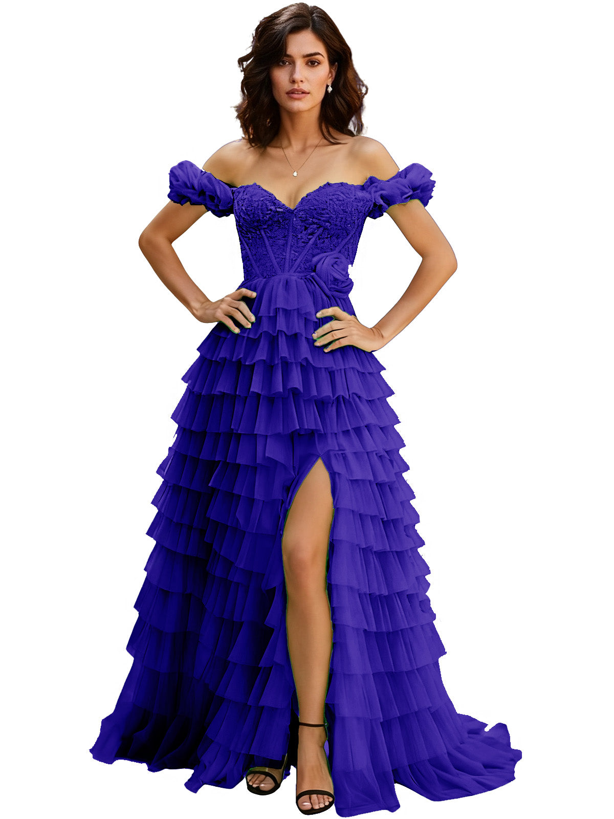 Off Shoulder Tulle Ball Gown Prom Dress with Ruffle Sleeves and Slit
