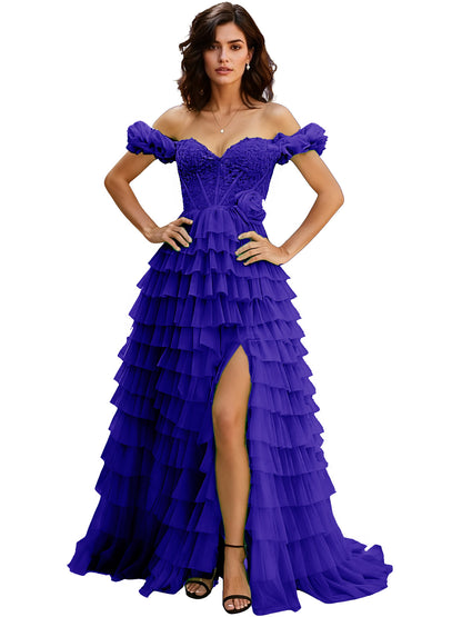 Off Shoulder Tulle Ball Gown Prom Dress with Ruffle Sleeves and Slit