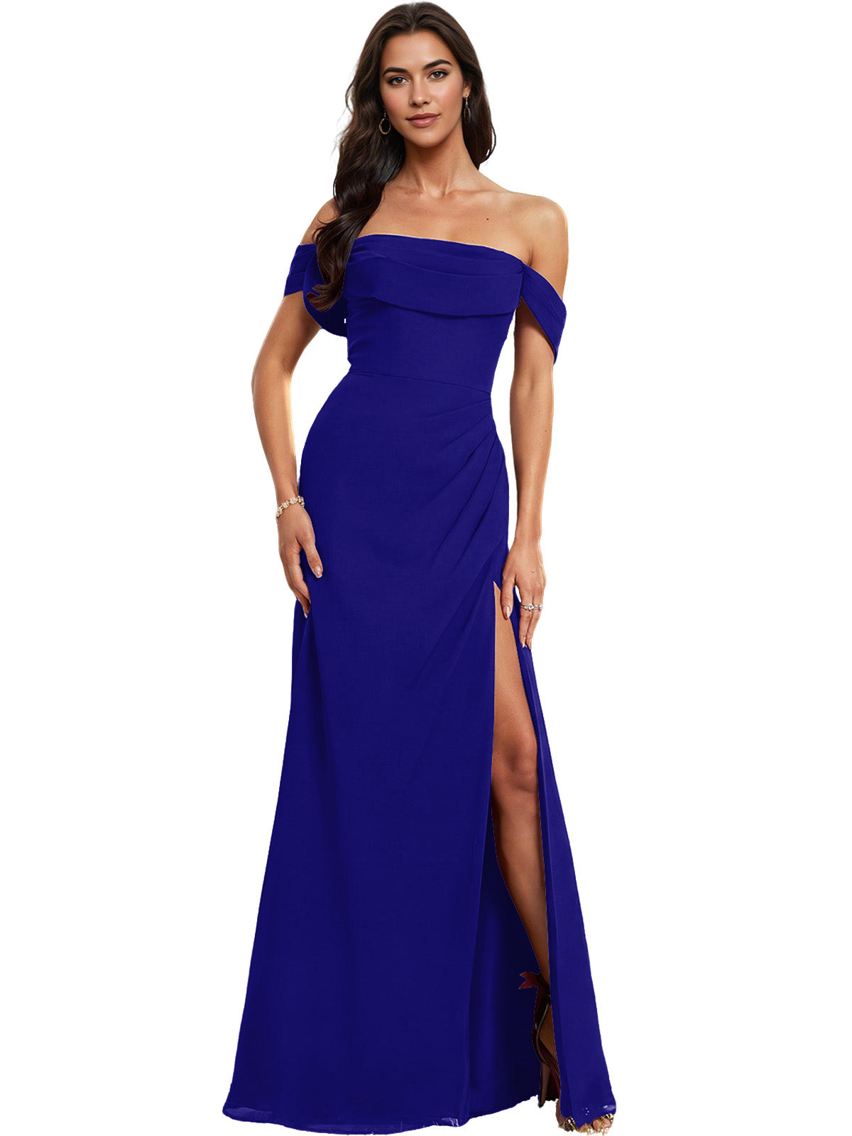 Off Shoulder Crepe Bridesmaid Dress with Foldover Neckline and Slit