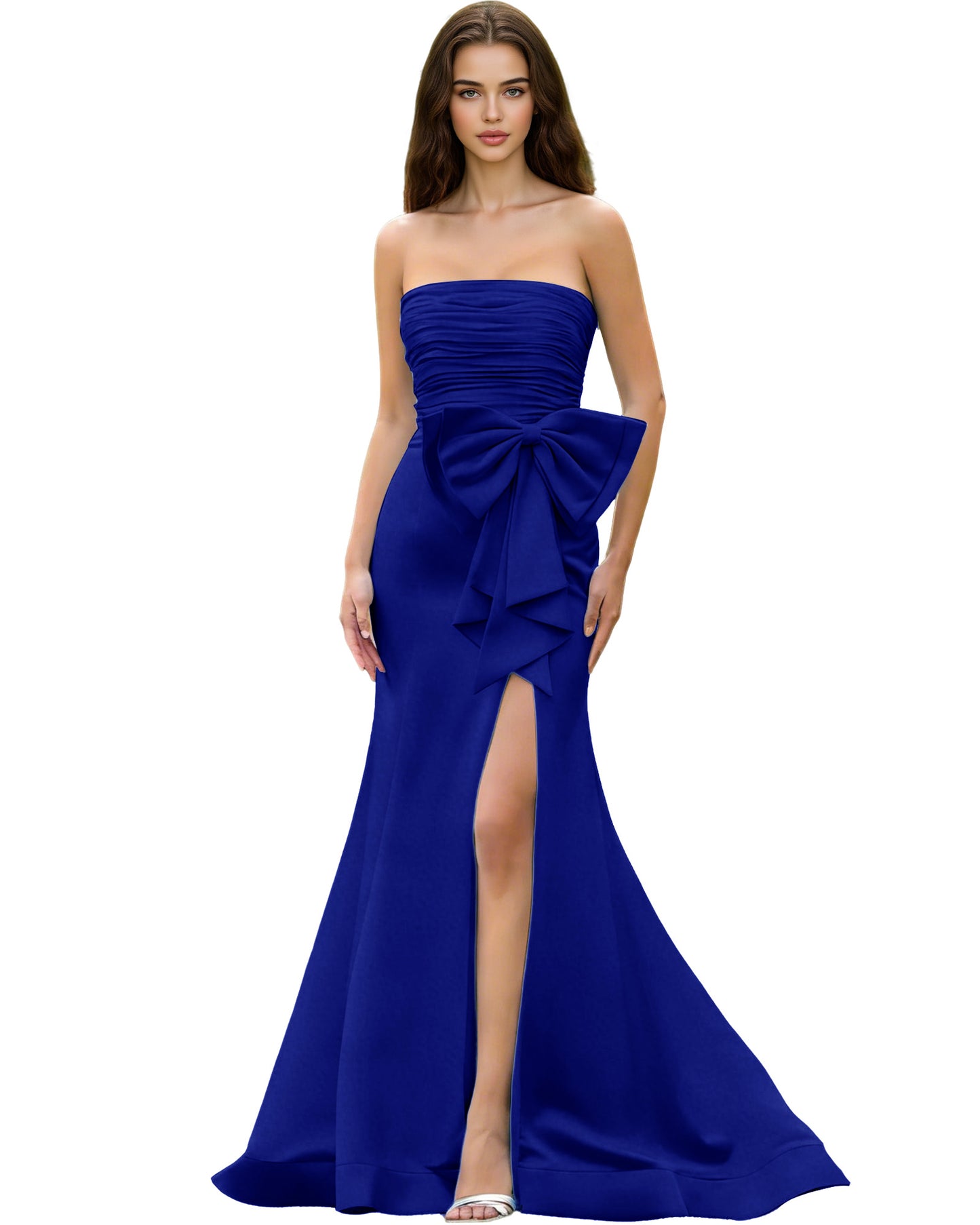 Strapless Bow Detail Satin Prom Dress with Ruched Bodice and Slit