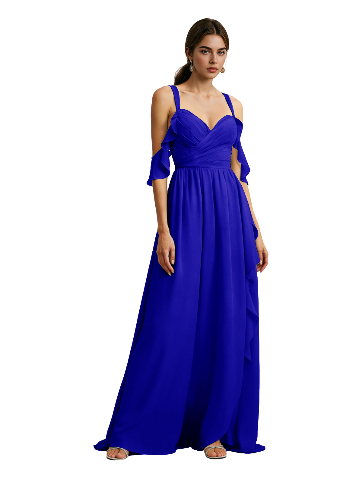 Cold Shoulder Chiffon Bridesmaid Dress with Draped V-Neck Bodice