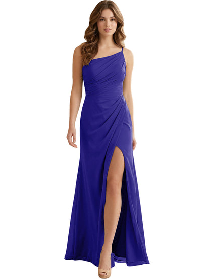 One Shoulder Ruched Chiffon Bridesmaid Dress with Front Slit