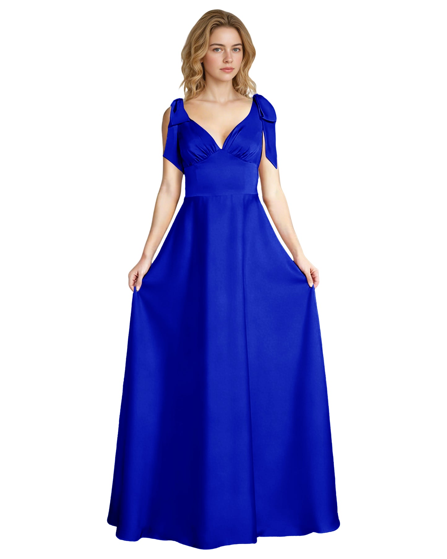 V-Neck Bow Strap Satin Bridesmaid Dress with Empire Waist