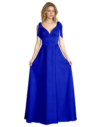 V-Neck Bow Strap Satin Bridesmaid Dress with Empire Waist