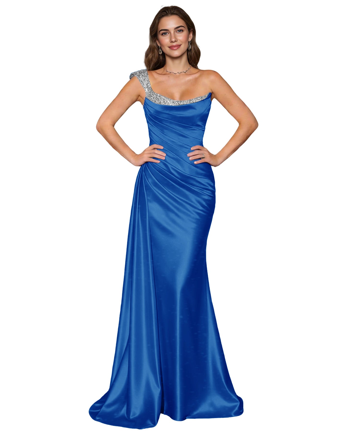 Spaghetti Strap Satin Mermaid Prom Dress with Draped Cowl Neck
