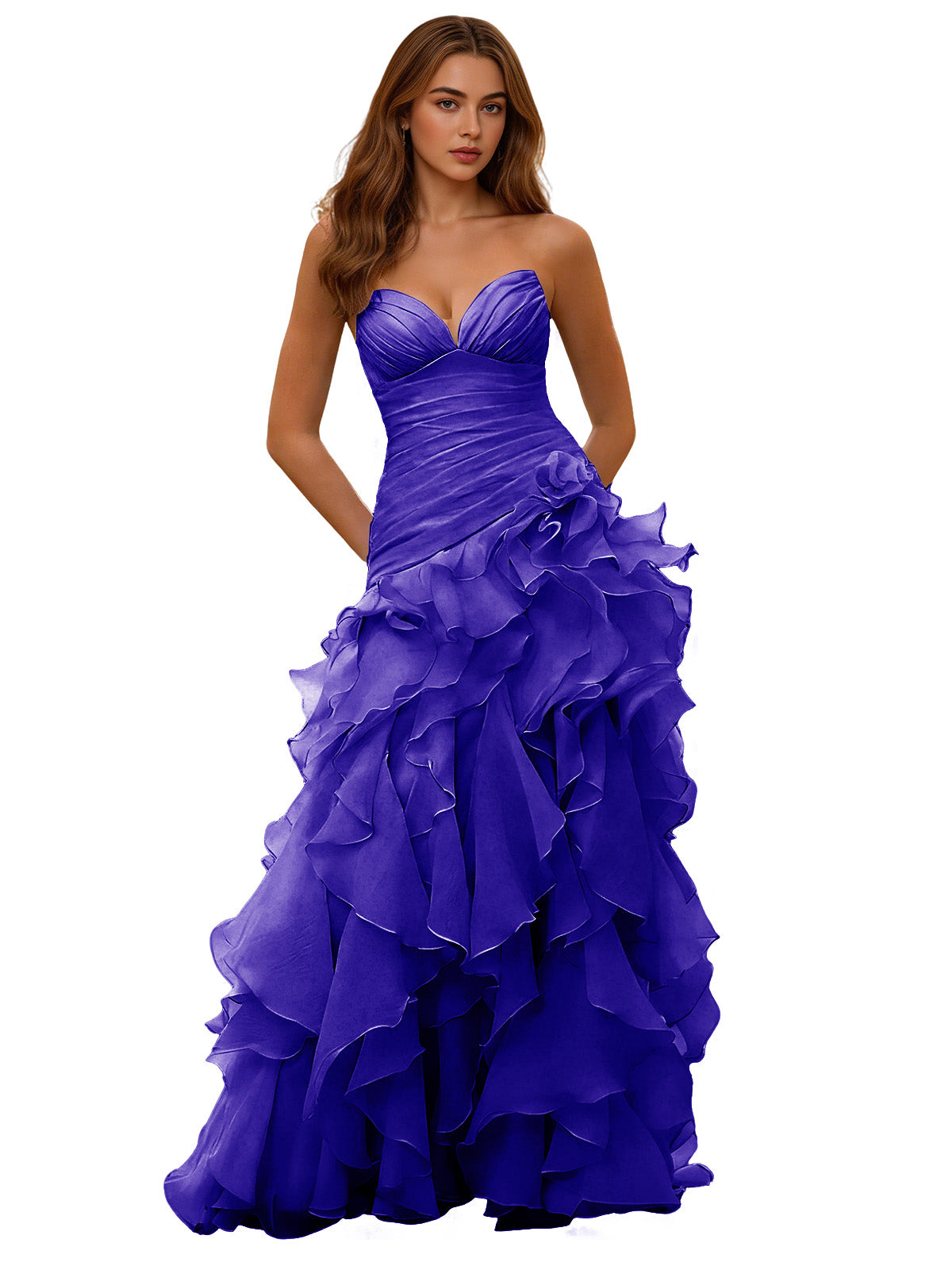 Strapless Organza Ruffle Ball Gown Prom Dress with Draped Corset Bodice