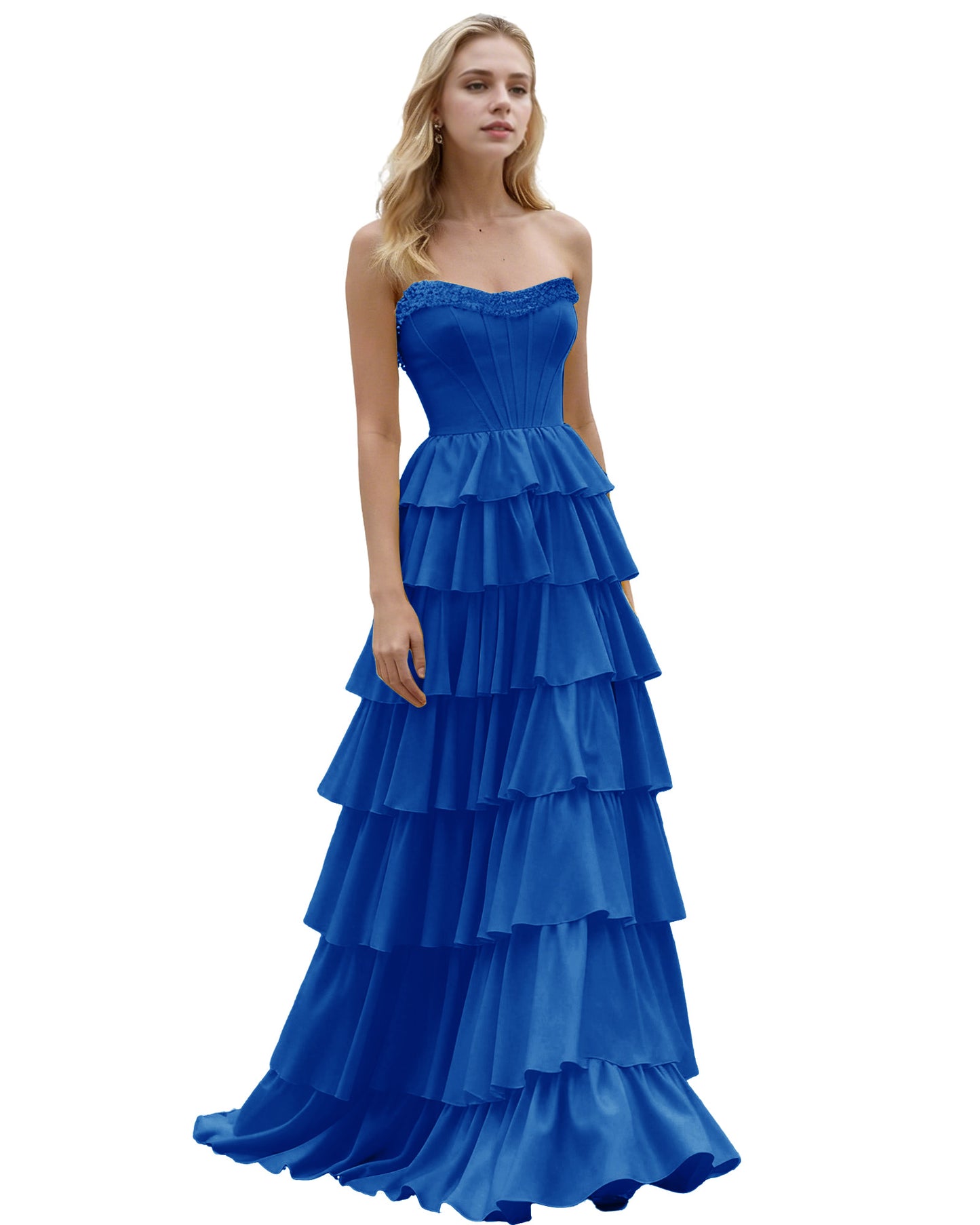 Strapless Tiered Ruffle A-Line Prom Dress with Corset Bodice