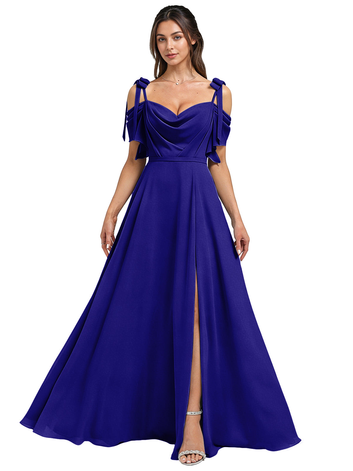Cowl Neck Cold Shoulder Bridesmaid Dress with High Slit Chiffon Dress