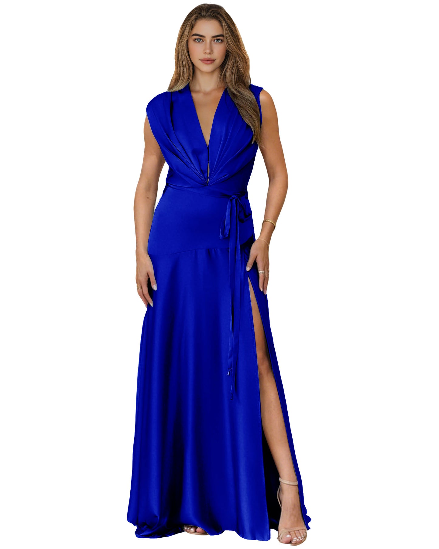 Plunging V-Neck Satin A-Line Prom Dress with Wrap Waist and Slit