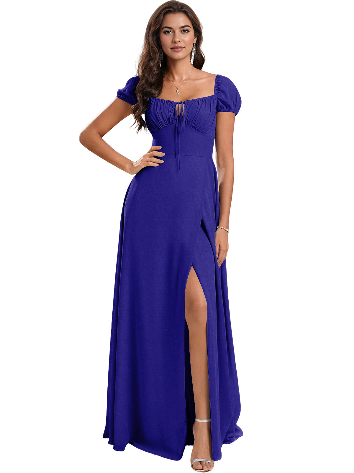 Ruched Short Sleeve Chiffon Bridesmaid Dress with Side Slit