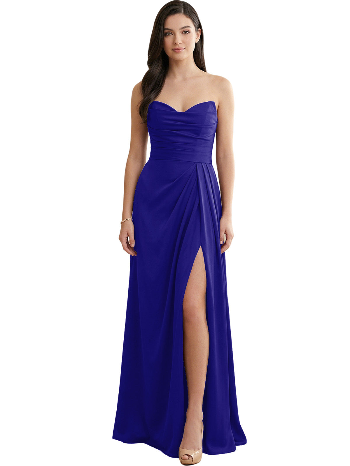 Strapless Pleated Satin Bridesmaid Dress with Side Slit