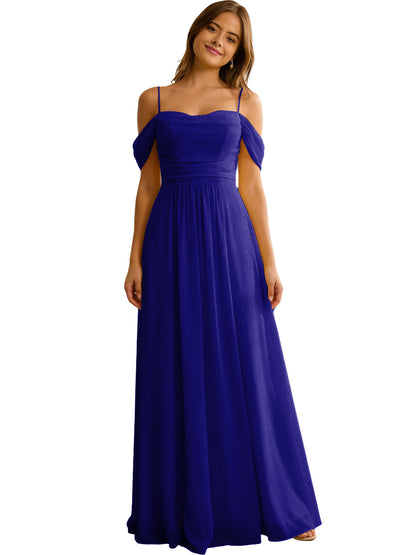 Off Shoulder Chiffon Bridesmaid Dress with Soft Pleated Bodice
