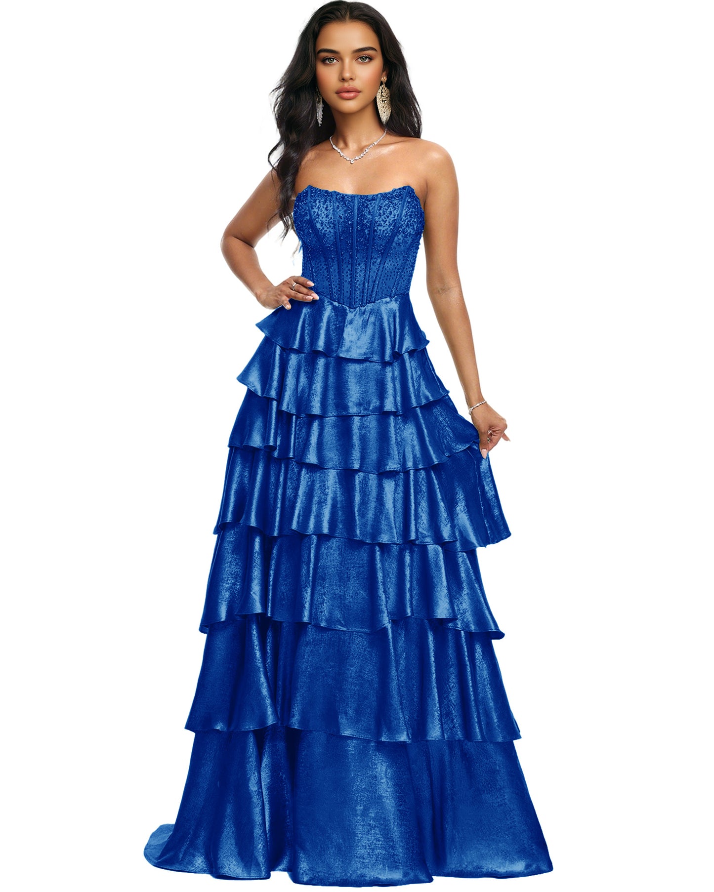 Strapless Tiered Sequin A-Line Prom Dress with Ruffle Layers