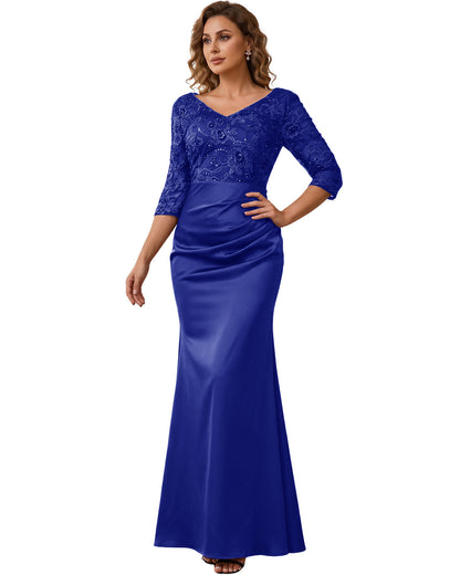 Mother of the Bride Dress Long Lace Mermaid Formal Gown with 3/4 Sleeves