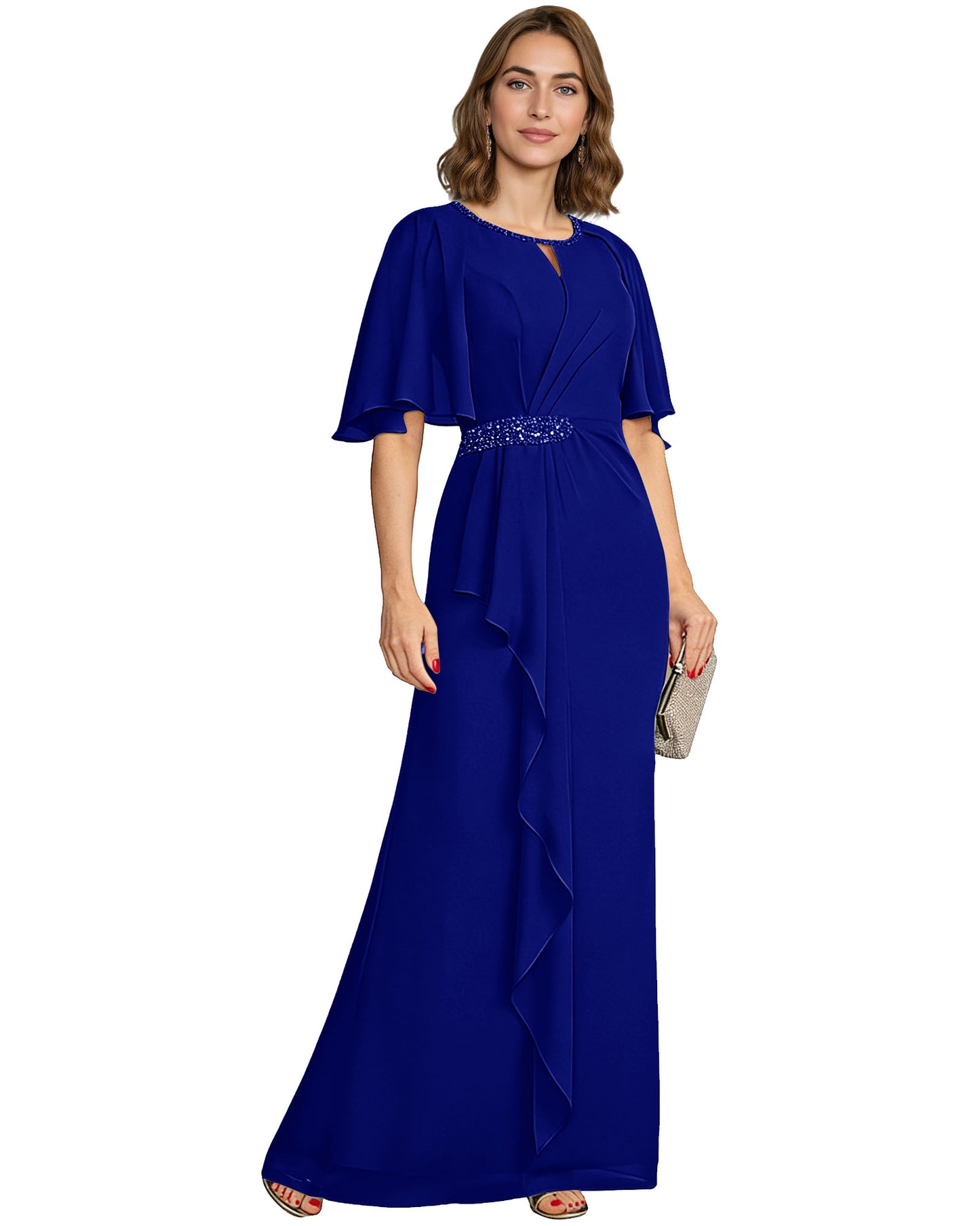 Long Mother of the Bride Dress Chiffon Flutter Sleeve Beaded Waist Formal A-Line Gown