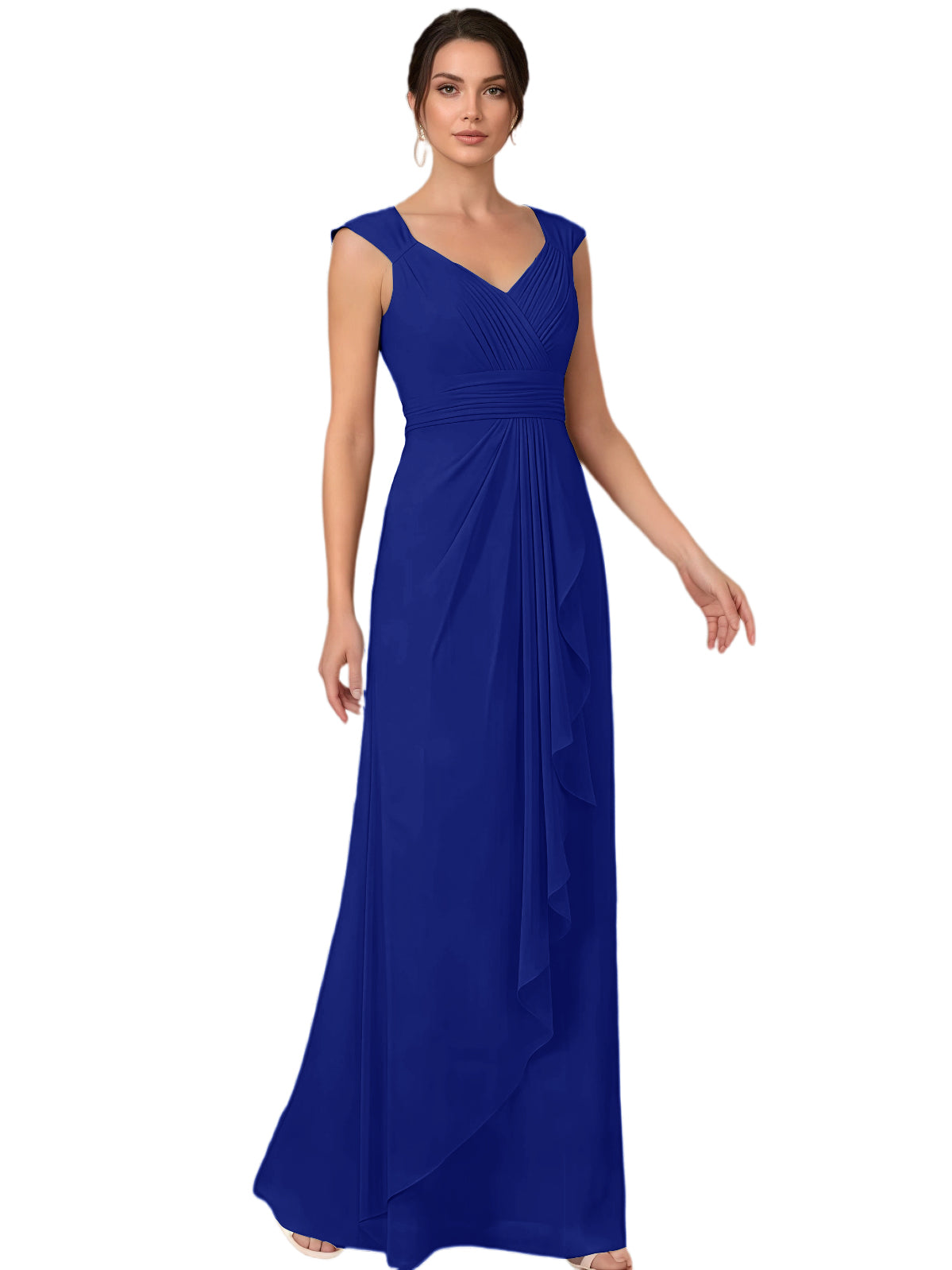 Mother of the Bride Dress Long Sleeveless V-Neck Chiffon Formal Gown with Ruffle Detail