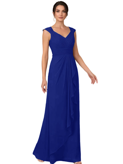 Mother of the Bride Dress Long Sleeveless V-Neck Chiffon Formal Gown with Ruffle Detail