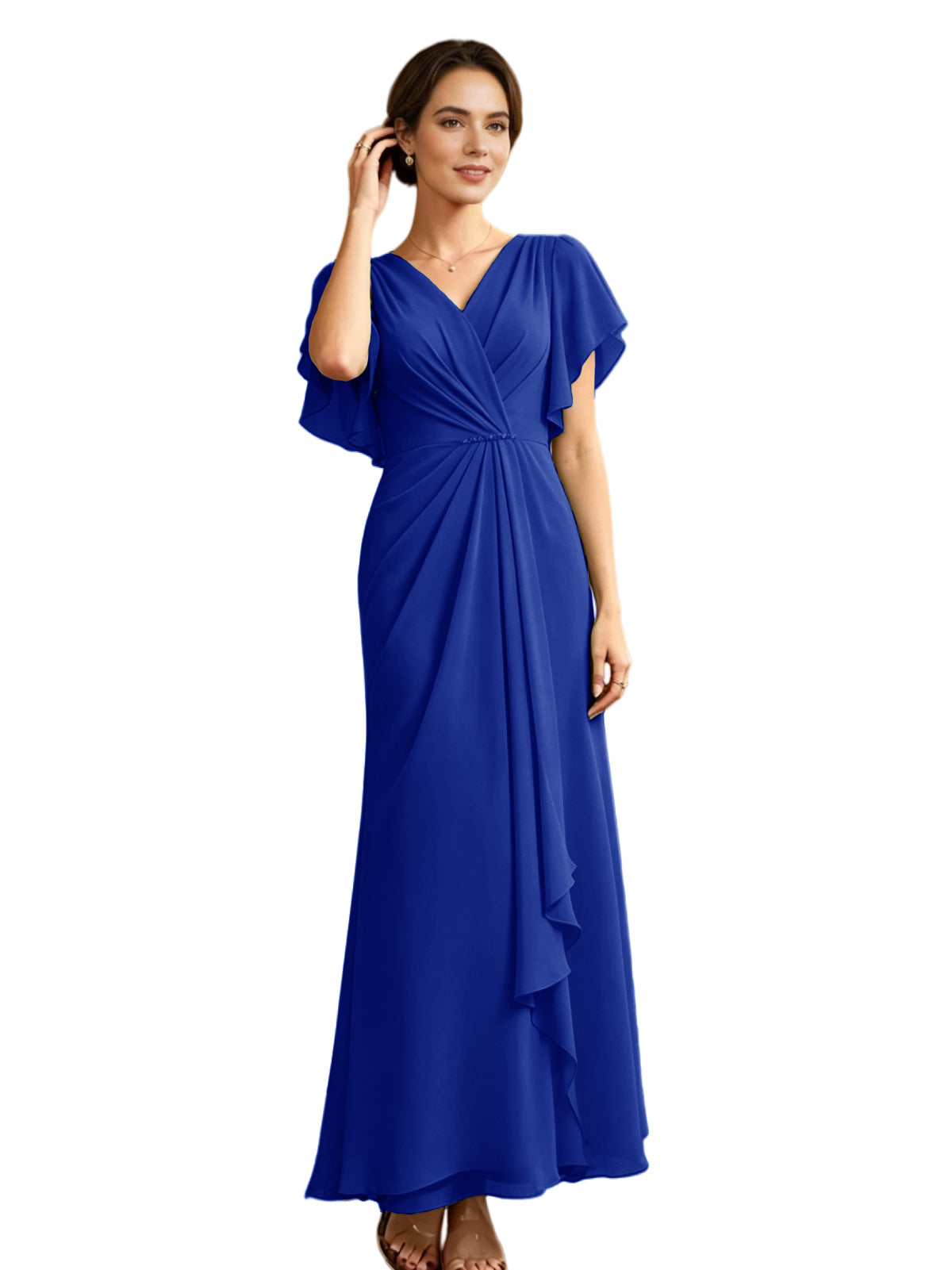 Long Chiffon Mother of the Bride Dress V-Neck Flutter Sleeve A-Line Gown with Beaded Waist
