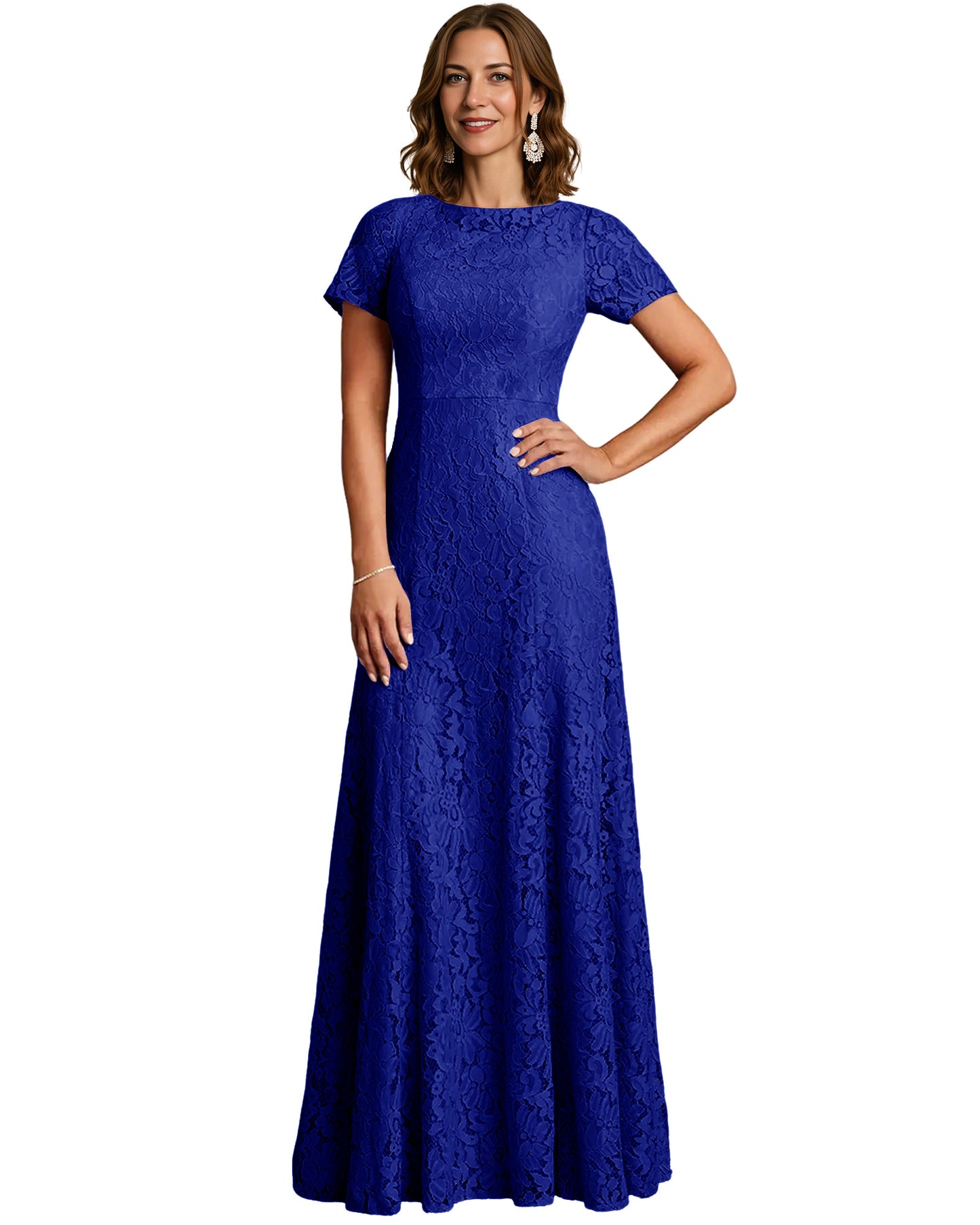 Long Lace Mother of the Bride Dress Short Sleeve Mermaid Gown with Crew Neckline