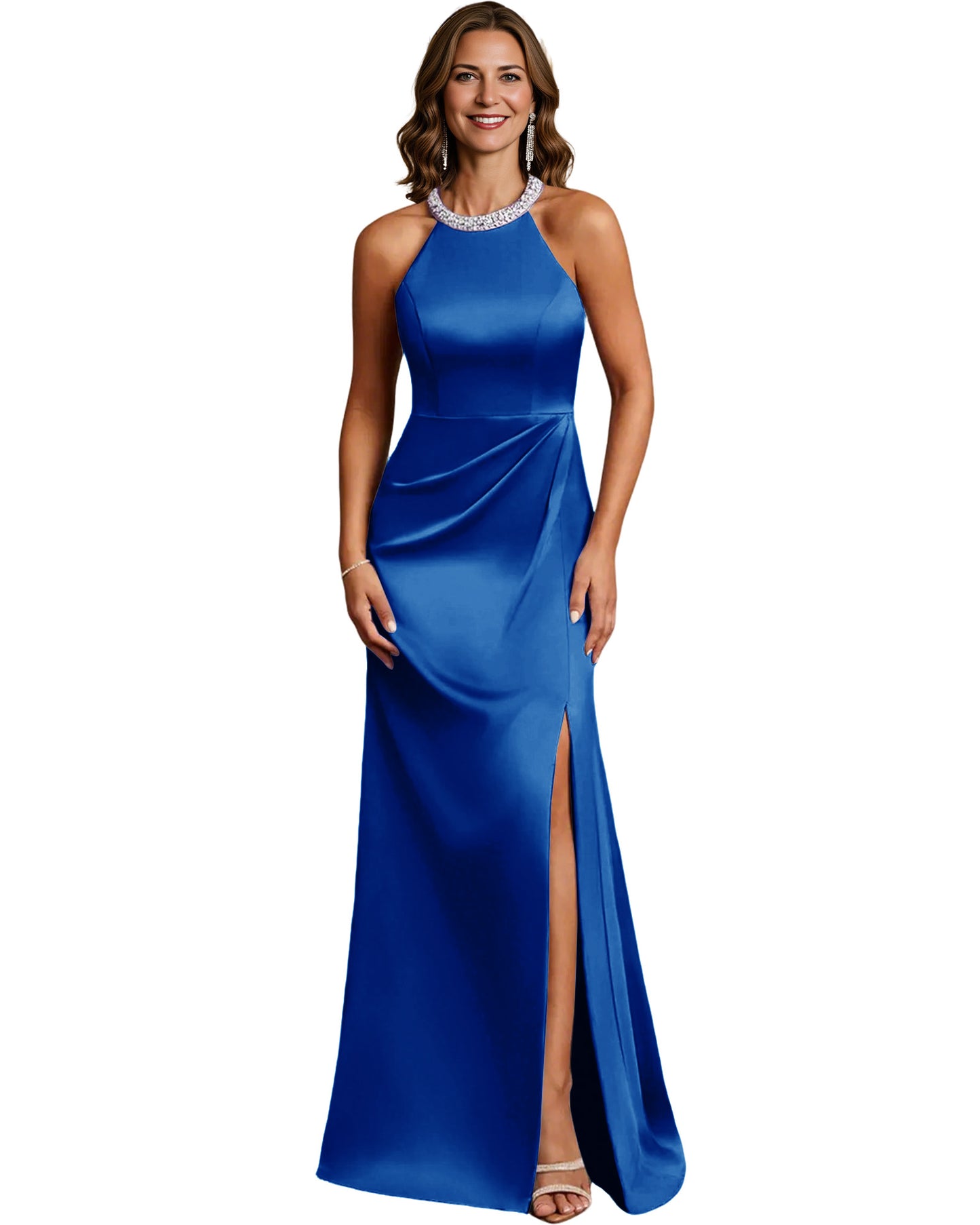 Halter Neck Mother of the Bride Dress Satin Mermaid Gown with Beaded Collar and Slit