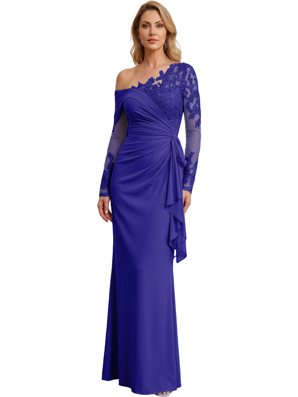One Shoulder Mother of the Bride Gown Long Lace Sleeve Mermaid Dress with Draped Ruffle