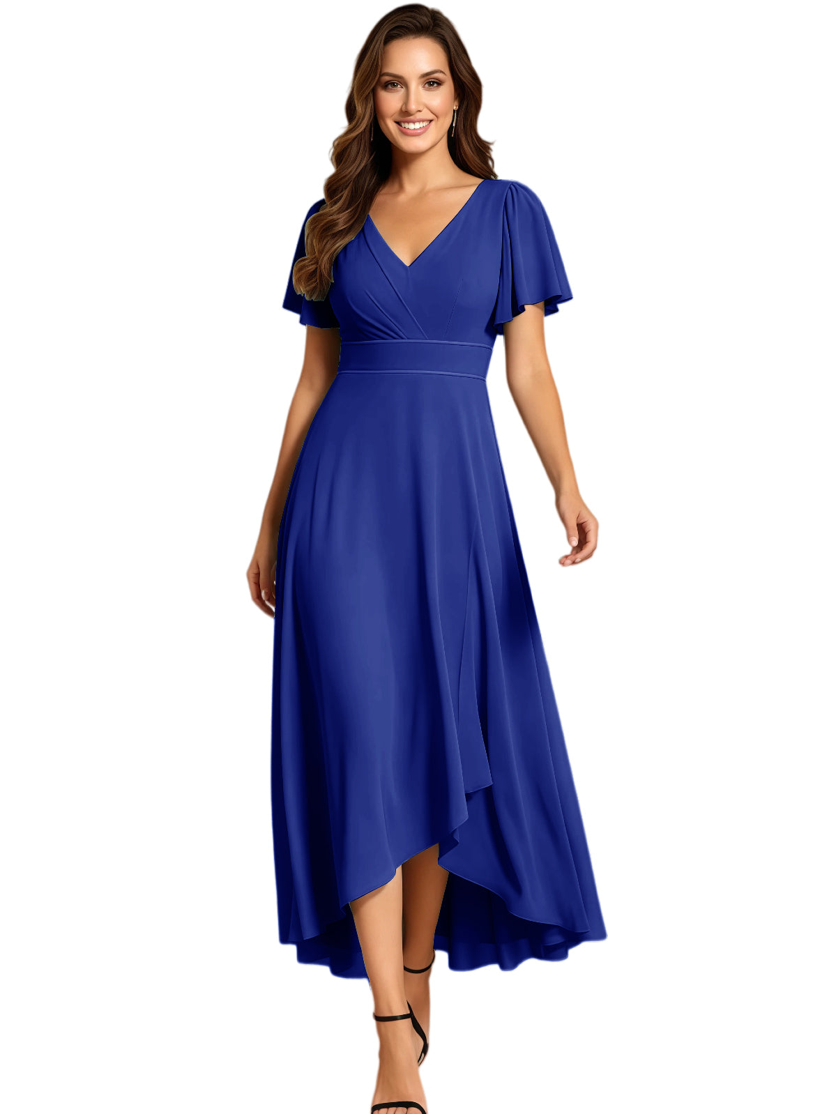 High Low Mother of the Bride Dress V-Neck Flutter Sleeve Chiffon Formal Gown