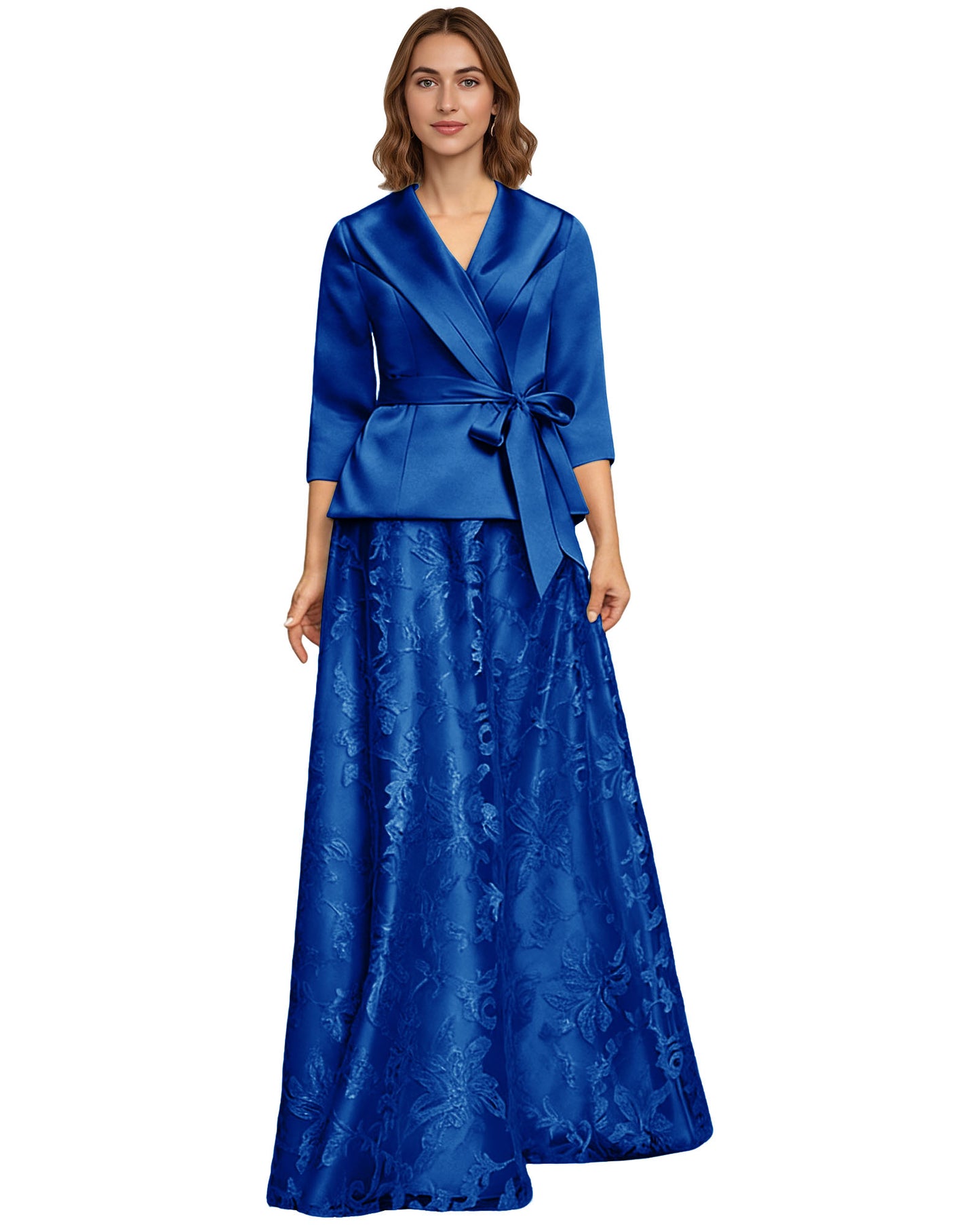 Two Piece Mother of the Bride Dress Satin Wrap Top Embroidered Long Skirt Formal Set