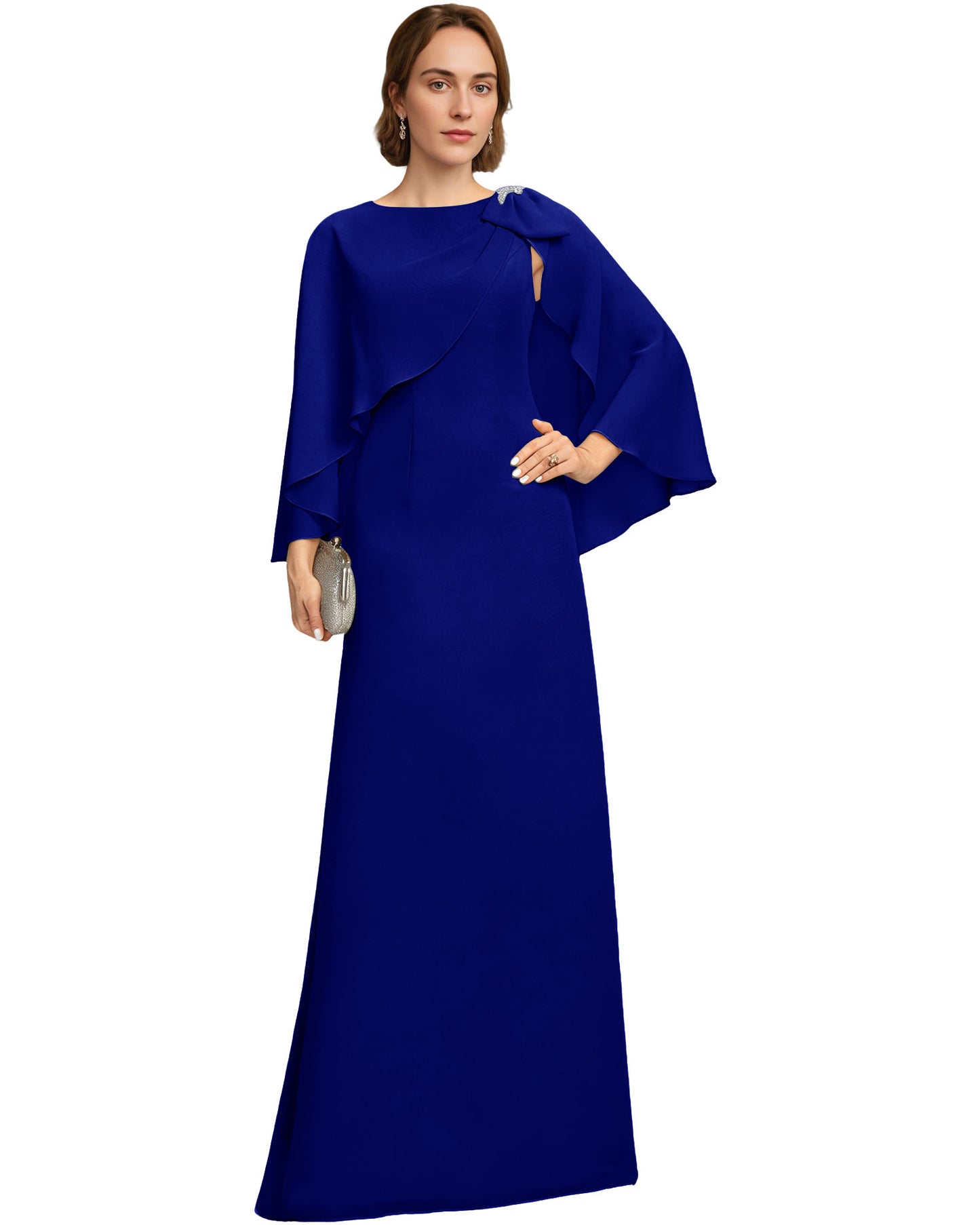 Long Cape Sleeve Mother of the Bride Dress Jewel Neck Chiffon Column Gown with Bow Detail