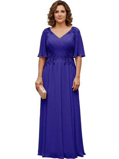 Mother of the Bride Dress Long Chiffon A-Line Gown with Flutter Sleeves and Beaded Lace